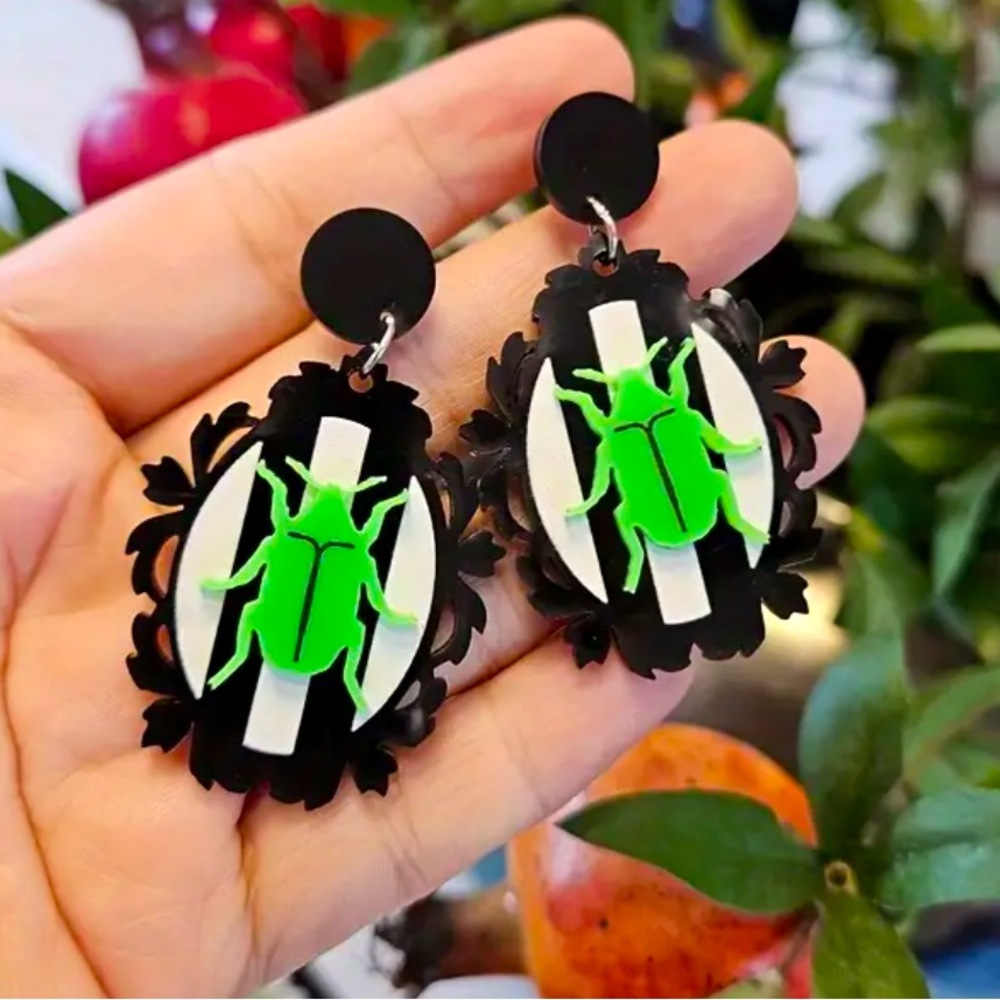 Halloween Green Beetle Acrylic Earrings Black White Striped Victorian Frame